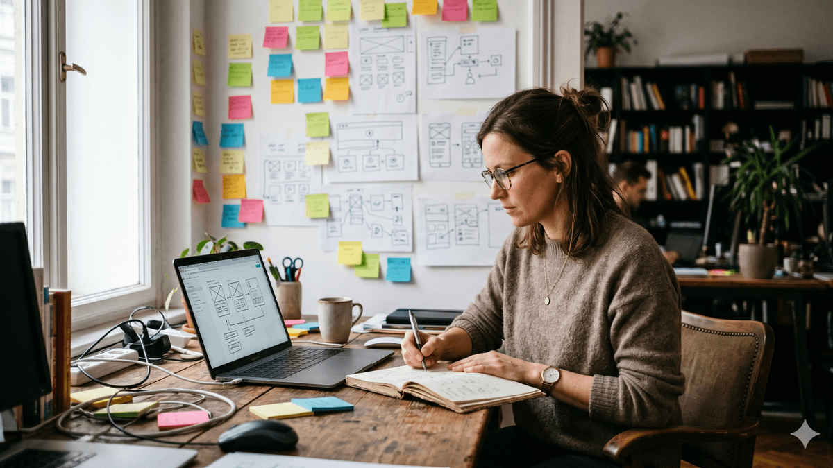 Webdesignerin plant User Research und Wireframes an einer Wand mit Klebezetteln und Skizzen