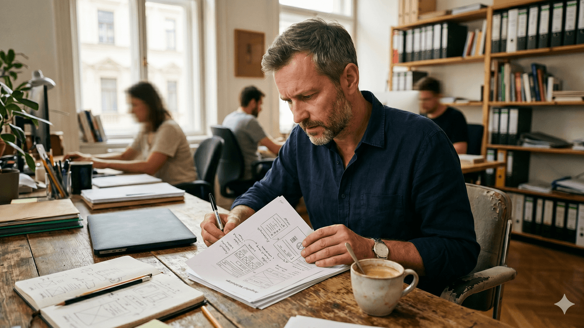 Unternehmer prüft ein gedrucktes Webdesign-Angebot auf Papier an seinem Schreibtisch