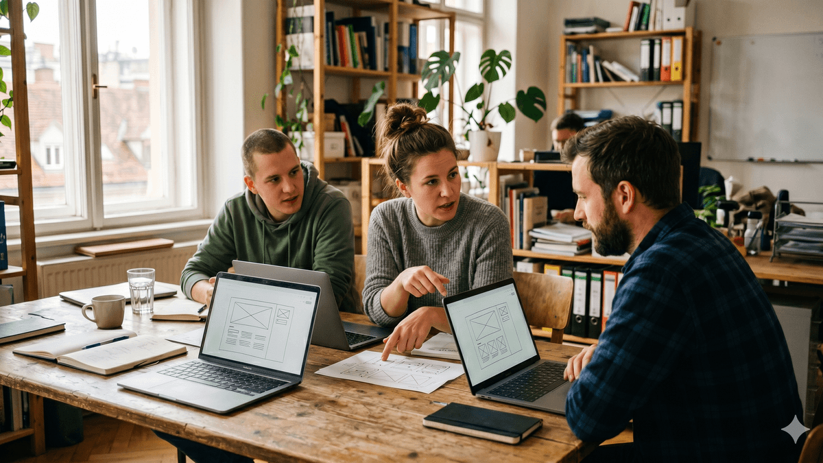Kleines Webdesign-Team bespricht gemeinsam die Projekt-Strategie für eine Agentur-Website am Tisch