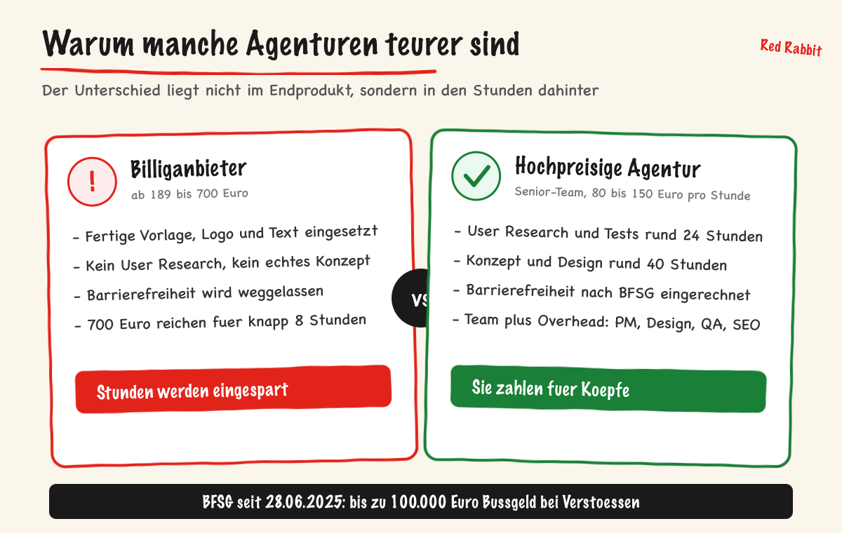 Infografik zum Preisunterschied bei Webdesign-Agenturen: Billiganbieter mit Vorlage gegen hochpreisige Agentur mit Research, Konzept und Barrierefreiheit