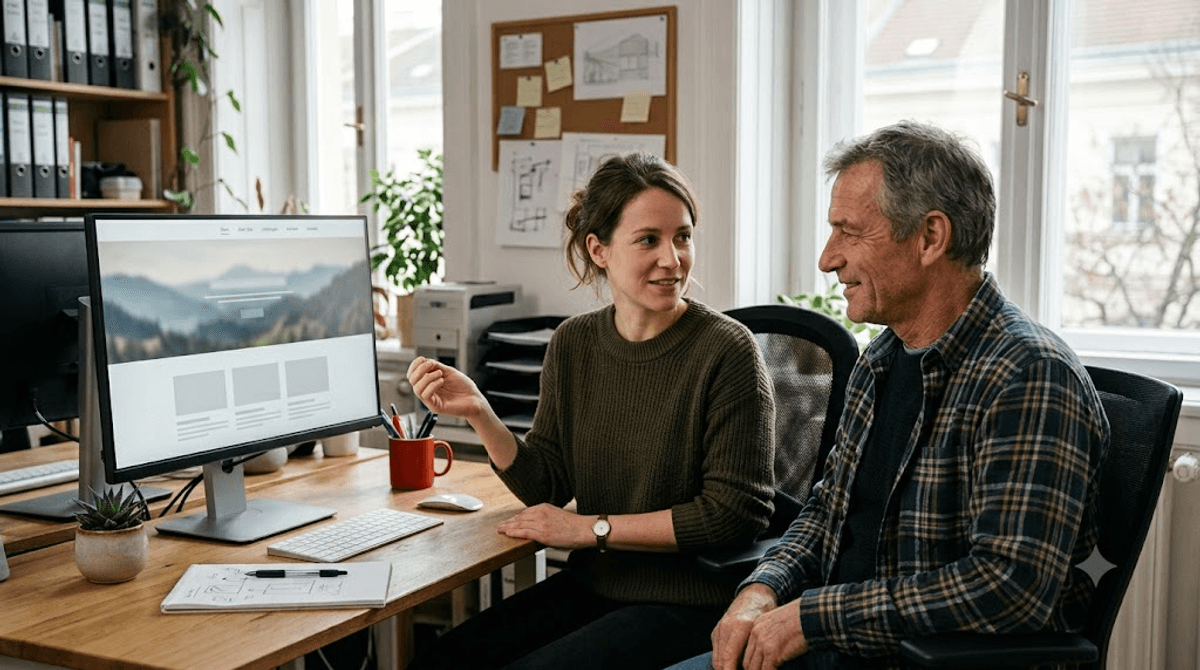 Webdesignerin zeigt einem Kunden am Monitor eine aufgeräumte Startseite, deren professioneller erster Eindruck sofort Vertrauen weckt