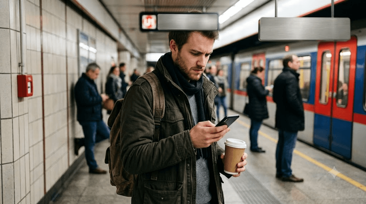 Junger Pendler an der U-Bahn-Station bricht genervt ab, weil die Website auf dem Smartphone zu langsam lädt