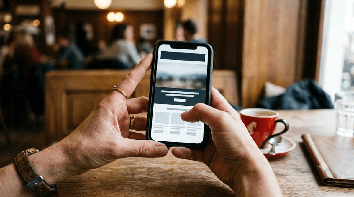 Nahaufnahme von Händen mit Smartphone, auf dem eine klare Startseite in Sekunden verständlich macht, worum es auf der Website geht