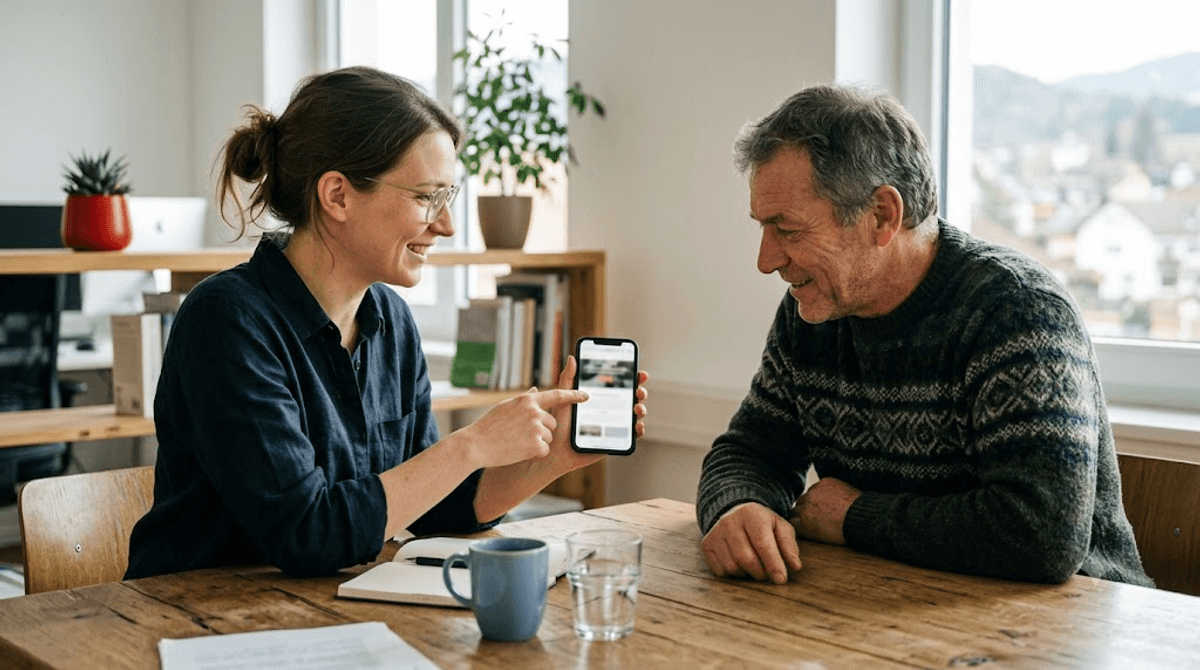 Webdesignerin führt einem Handwerker die responsive Website seines Betriebs live auf einem echten Smartphone vor