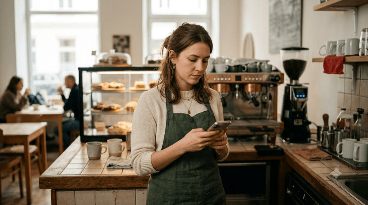 Cafébesitzerin prüft in ihrem Geschäft die mobile Ansicht ihrer responsiven Website auf dem Smartphone