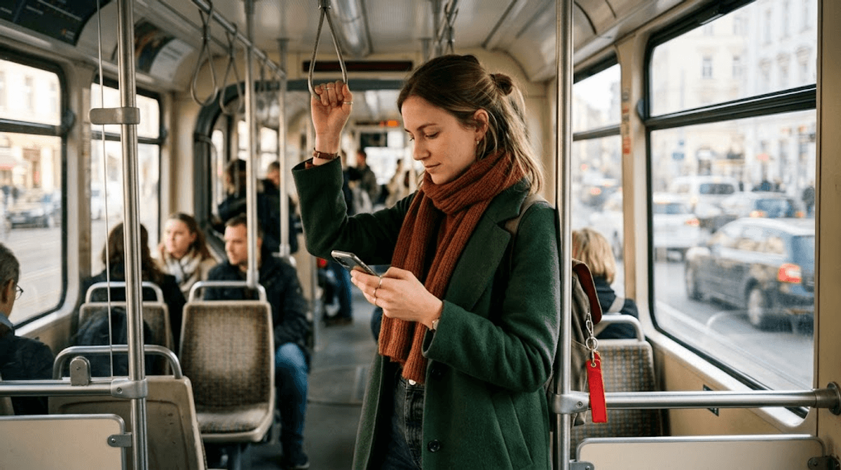 Junge Frau in einer Wiener Straßenbahn kauft mobil in einem Online-Shop ein, während die Seite trotz wechselnder Mobilverbindung dank HTTP/3 flüssig lädt