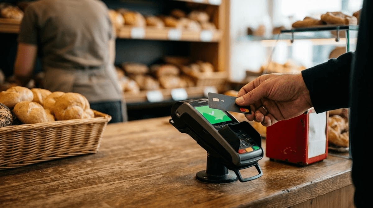 Nahaufnahme von Händen bei einer kontaktlosen Kartenzahlung an einem Bäckerei-Terminal als Sinnbild für eingebaute, sichere Verschlüsselung wie bei TLS 1.3 in HTTP/3