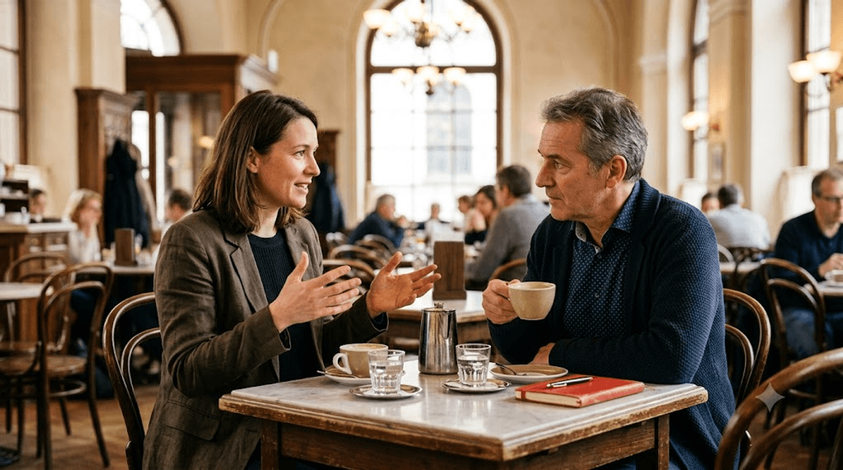 Beraterin erklärt einem Unternehmer im Kaffeehaus den Unterschied zwischen SEO und GEO