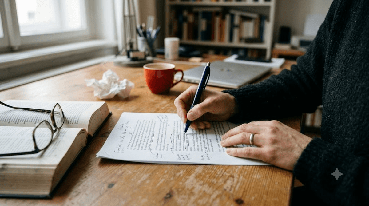 Hände überarbeiten einen ausgedruckten Text mit Stift – Inhalte für GEO mit Belegen und Zitaten anreichern