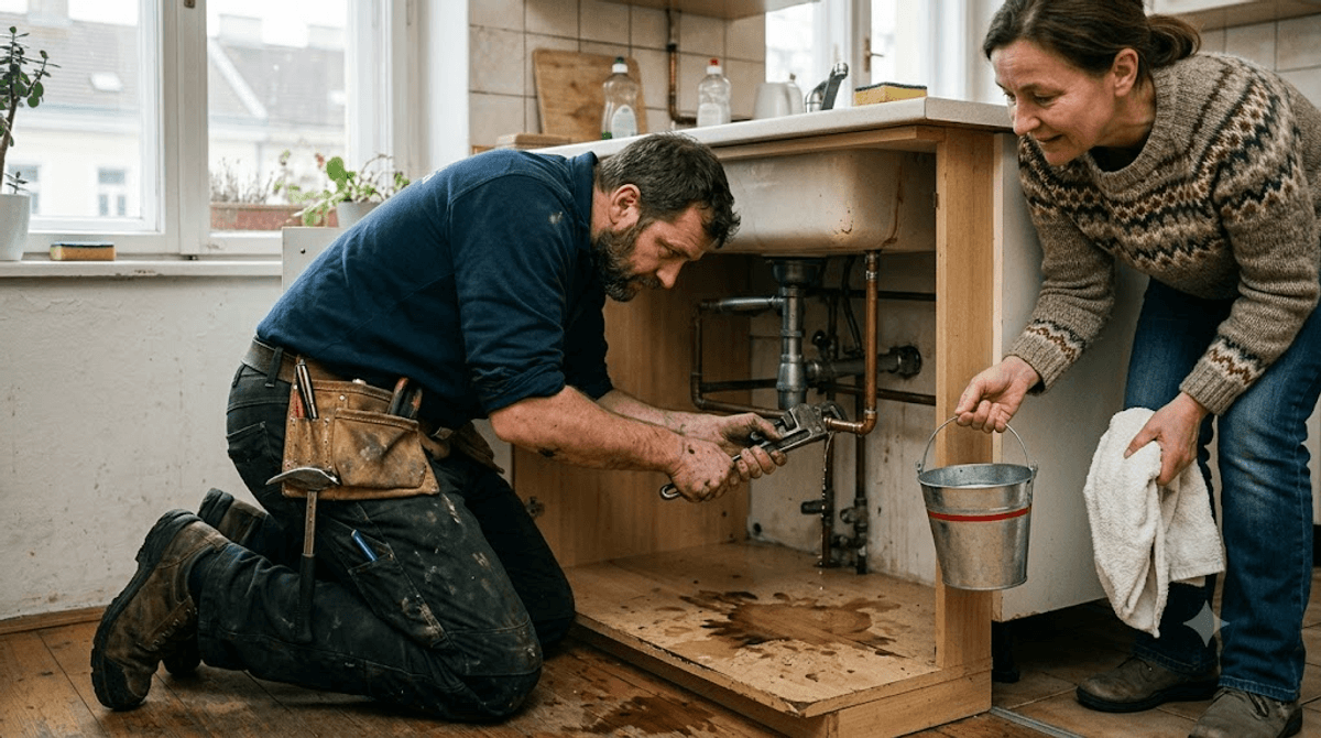 Installateur repariert einen Wasserrohrbruch unter der Küchenspüle, daneben die erleichterte Hausbesitzerin – Beispiel für hohe Conversion Rate bei akutem Bedarf