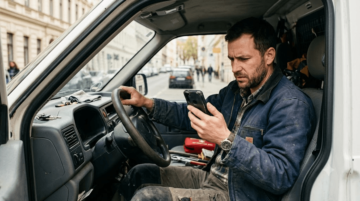Handwerker wartet im Firmenwagen ungeduldig auf eine langsam ladende Website auf dem Smartphone – Ladezeit als messbarer Conversion-Hebel