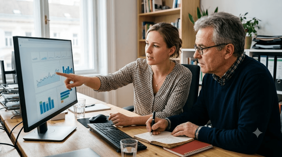 Webberaterin und Unternehmer werten gemeinsam ein Analytics-Dashboard aus, um die Conversion Rate der B2B-Website einzuordnen und zu verbessern