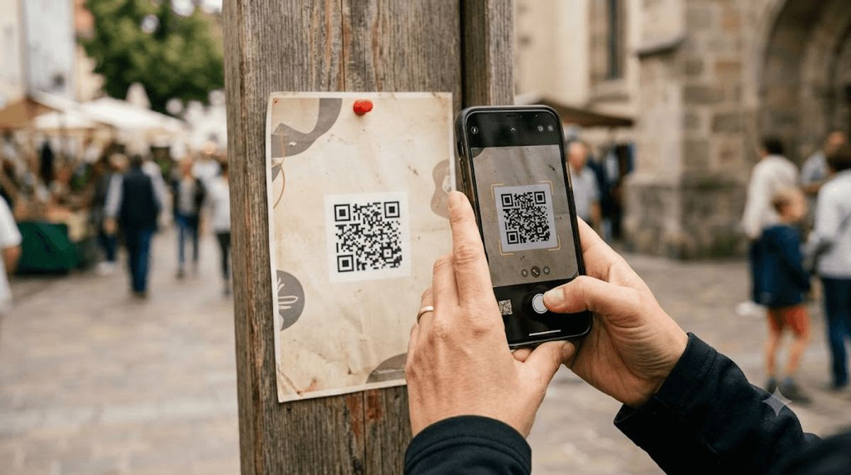 Hände scannen mit dem Smartphone einen QR-Code auf einem Flyer, der auf eine Landingpage mit Aktionsangebot führt