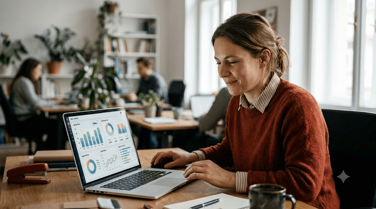 Marketing-Managerin prüft am Laptop die Conversion-Rate ihrer Landingpage in einem Analyse-Dashboard