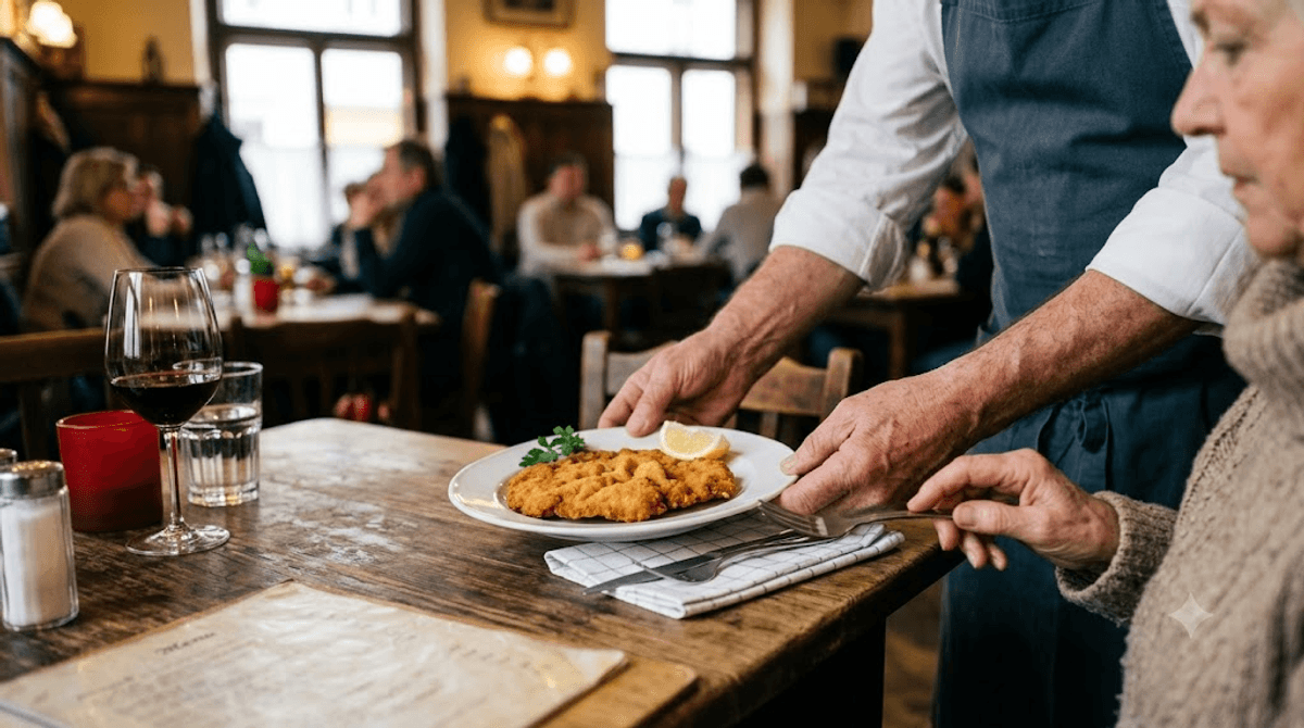 Kellner stellt ein fertig serviertes Wiener Schnitzel vor einen Gast im Beisl - Sinnbild fuer serverseitiges Rendering, bei dem die fertige Seite ankommt