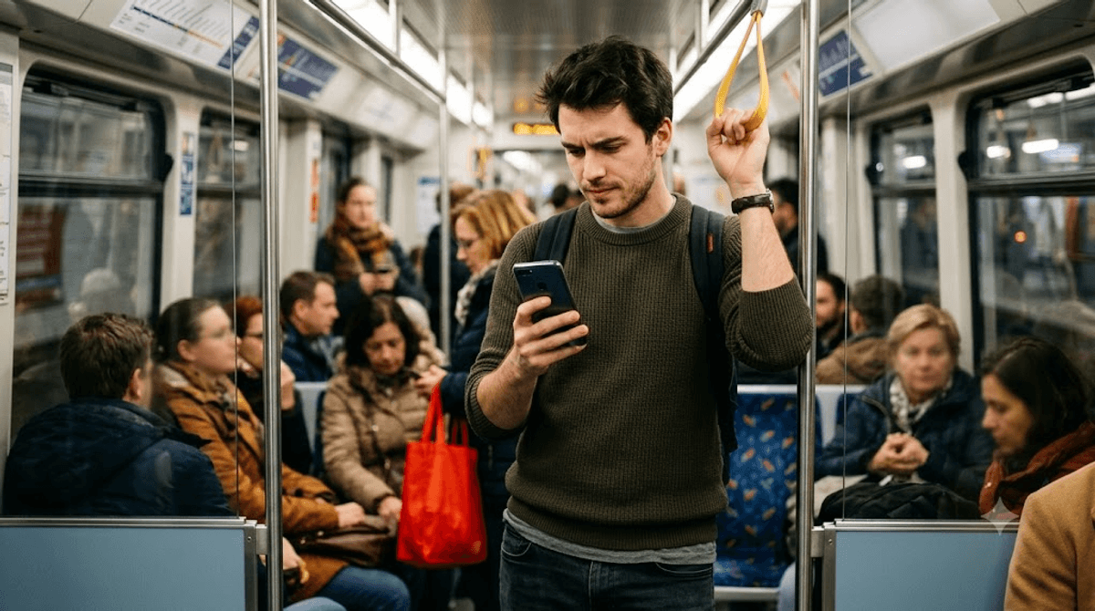 Fahrgast in der Wiener U-Bahn wartet auf das Laden einer Website am Smartphone - Ladezeit als Teil der SEO-Bewertung