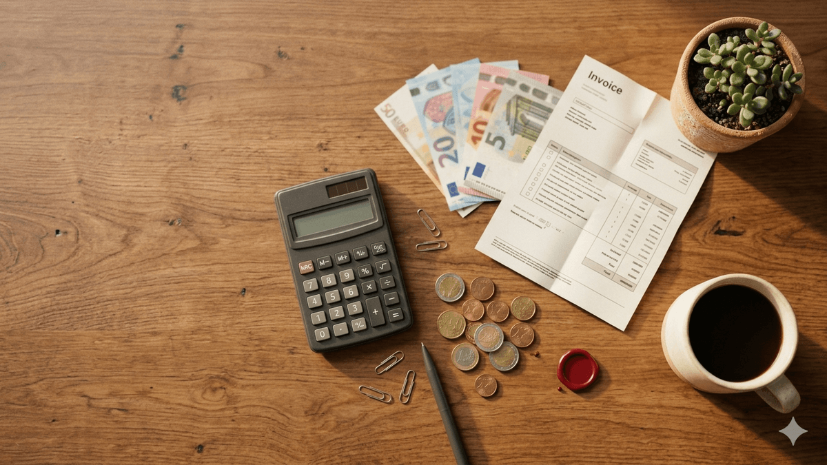 Taschenrechner, Euro-Scheine und Rechnung auf einem Schreibtisch: die laufenden Kosten eines Online-Shops