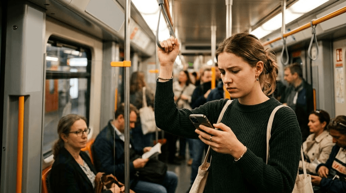 Pendlerin in der U-Bahn wartet ungeduldig auf eine langsam ladende Firmenwebsite am Smartphone — Ladegeschwindigkeit entscheidet über Absprung