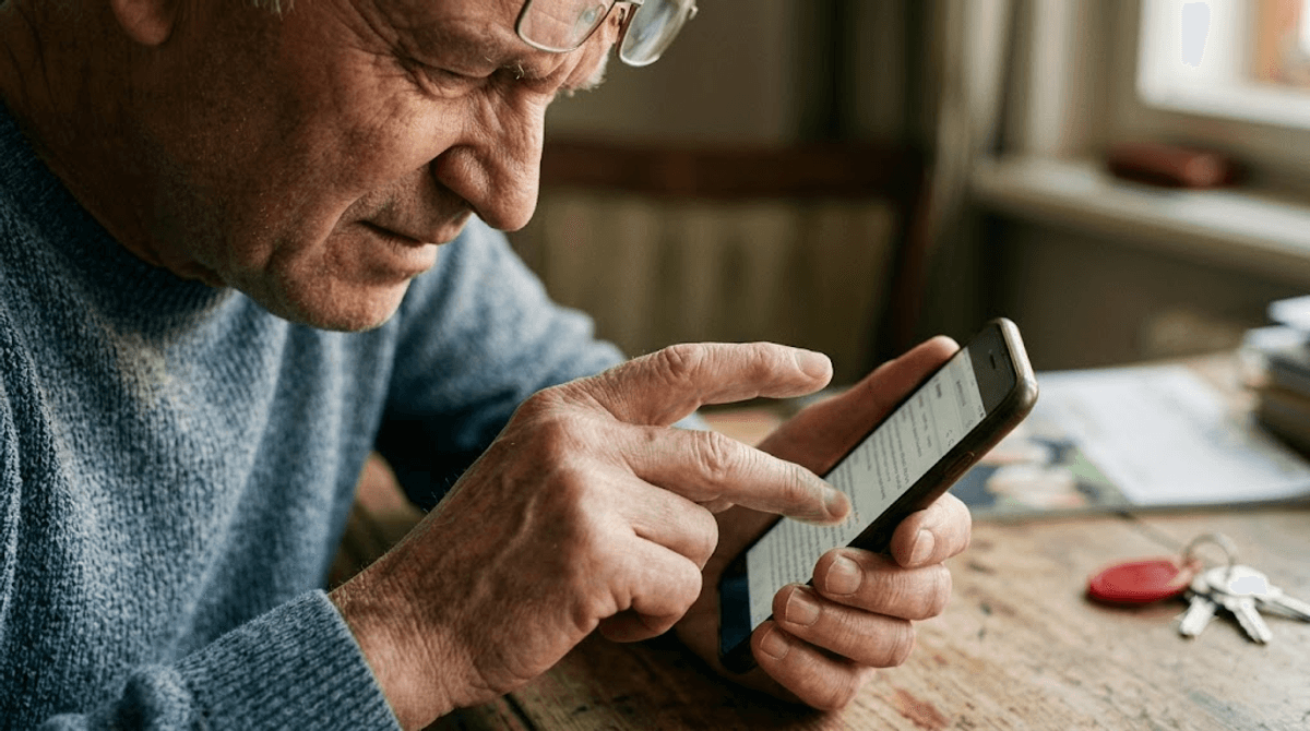 Älterer Mann zoomt am Smartphone in eine schwer lesbare Website — fehlende Barrierefreiheit erschwert die Nutzung für viele Kunden