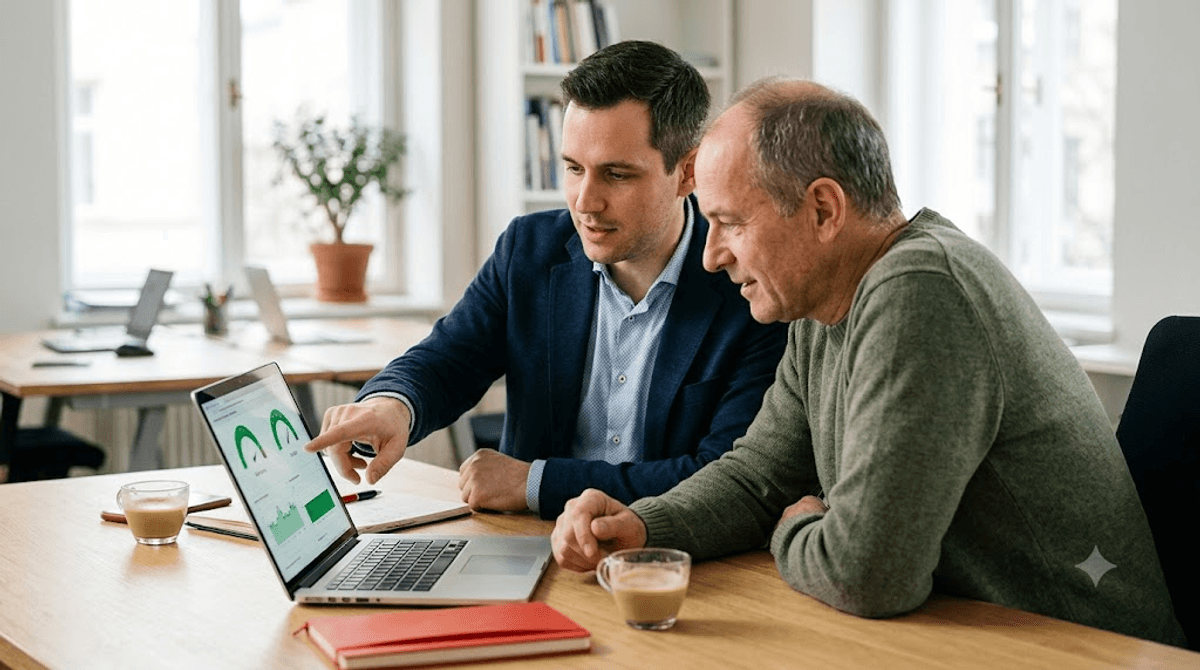 Beraterin und Unternehmer prüfen gemeinsam am Laptop die Core Web Vitals einer Firmenwebsite — Website-Check Schritt für Schritt