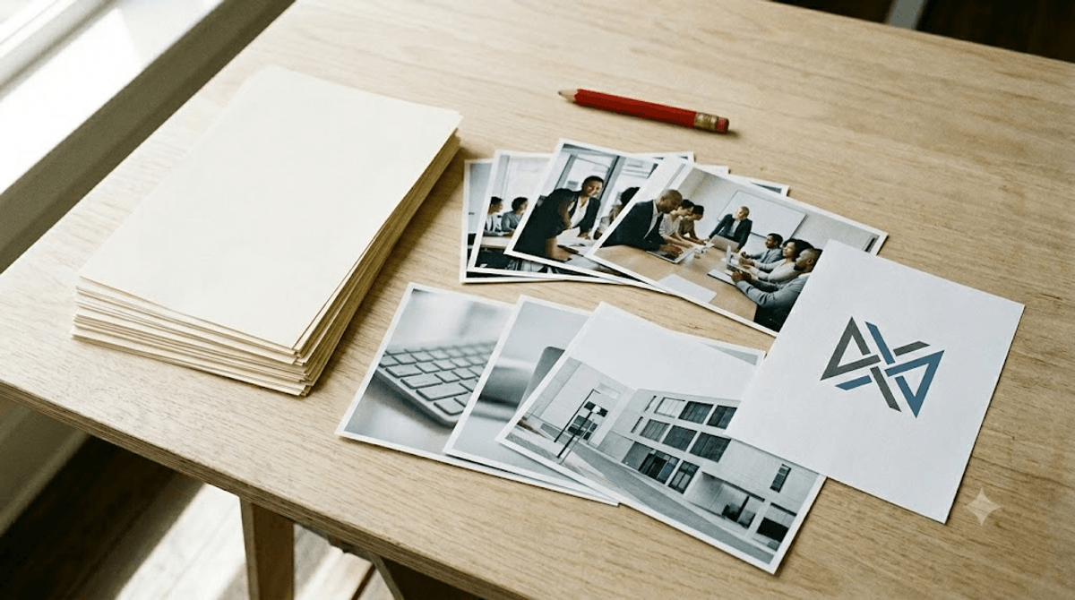 Von oben fotografierte Sammlung aus gedruckten Texten, professionellen Team- und Produktfotos und einem Logo-Ausdruck — alle Website-Inhalte vor Projektstart bereitlegen