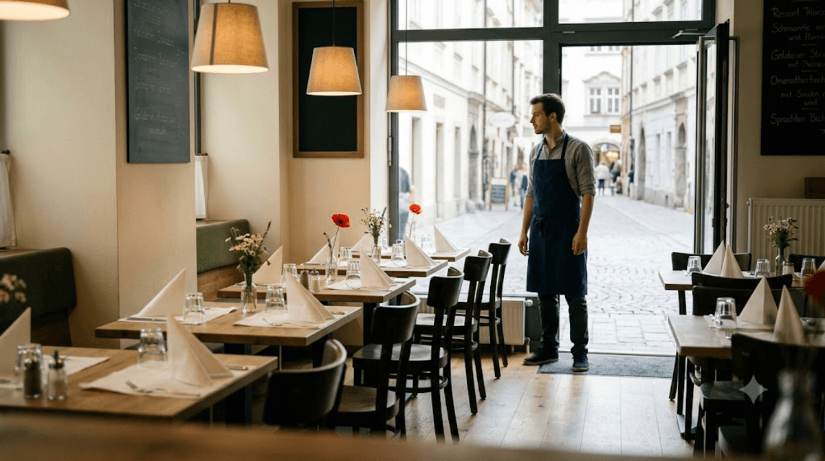 Frisch eröffnetes, leeres Restaurant mit eingedeckten Tischen und wartendem Kellner - Sinnbild dafür, dass eine neue Website nach dem Launch noch von niemandem bei Google gefunden wird