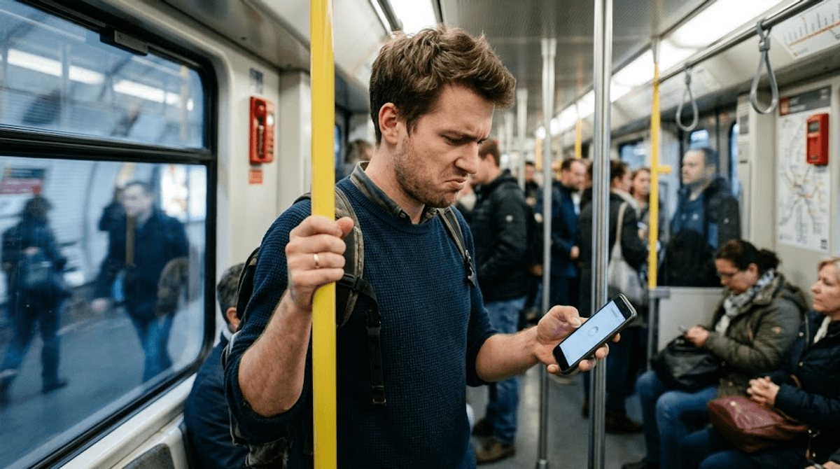 Junger Pendler in der U-Bahn wartet ungeduldig auf eine langsam ladende Website am Smartphone