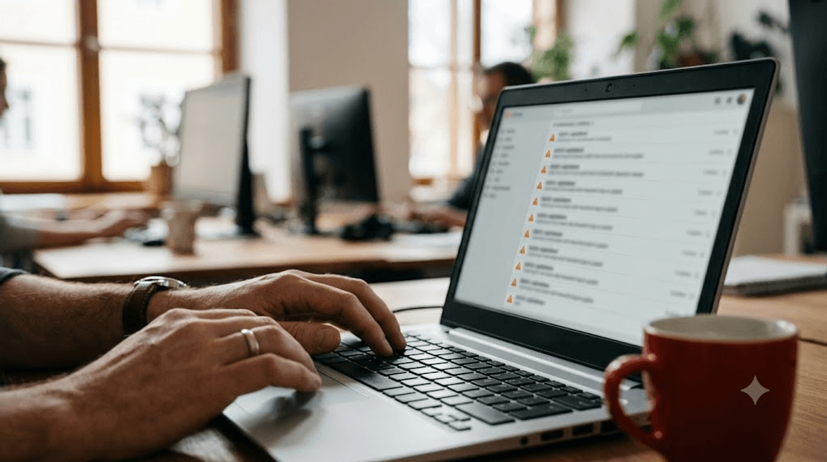 Hände eines Web-Administrators am Laptop, der eine lange Liste ausstehender WordPress-Plugin-Updates mit Warnhinweisen prüft – Sinnbild für die Sicherheitslast vieler Plugins