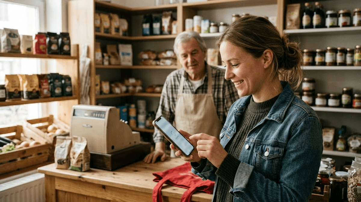 Kundin in einem kleinen österreichischen Geschäft schließt zufrieden einen Kauf auf dem Smartphone ab – schnelle Ladezeit eines Online-Shops wirkt direkt auf den Umsatz