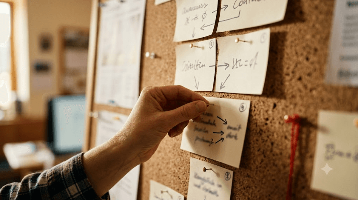 Sitemap-Planung einer 10-Seiten-Website mit nummerierten Karten auf einer Pinnwand zur Conversion-Struktur