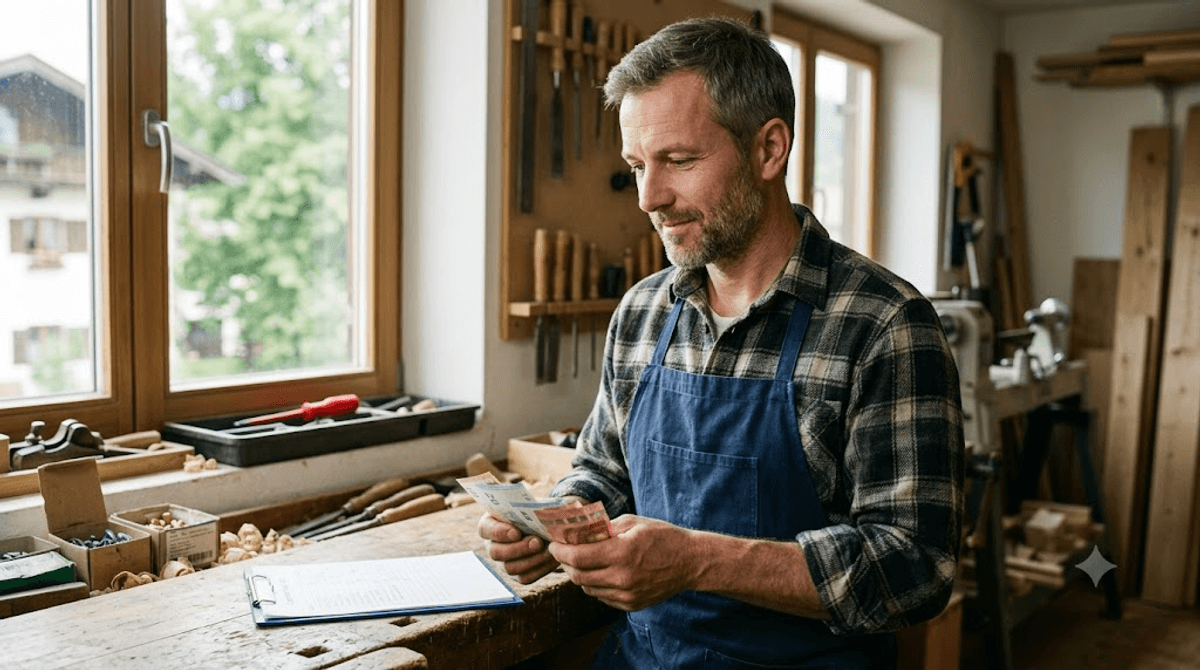 Handwerker zählt Einnahmen neuer Kunden als Symbol für den ROI einer Website-Investition