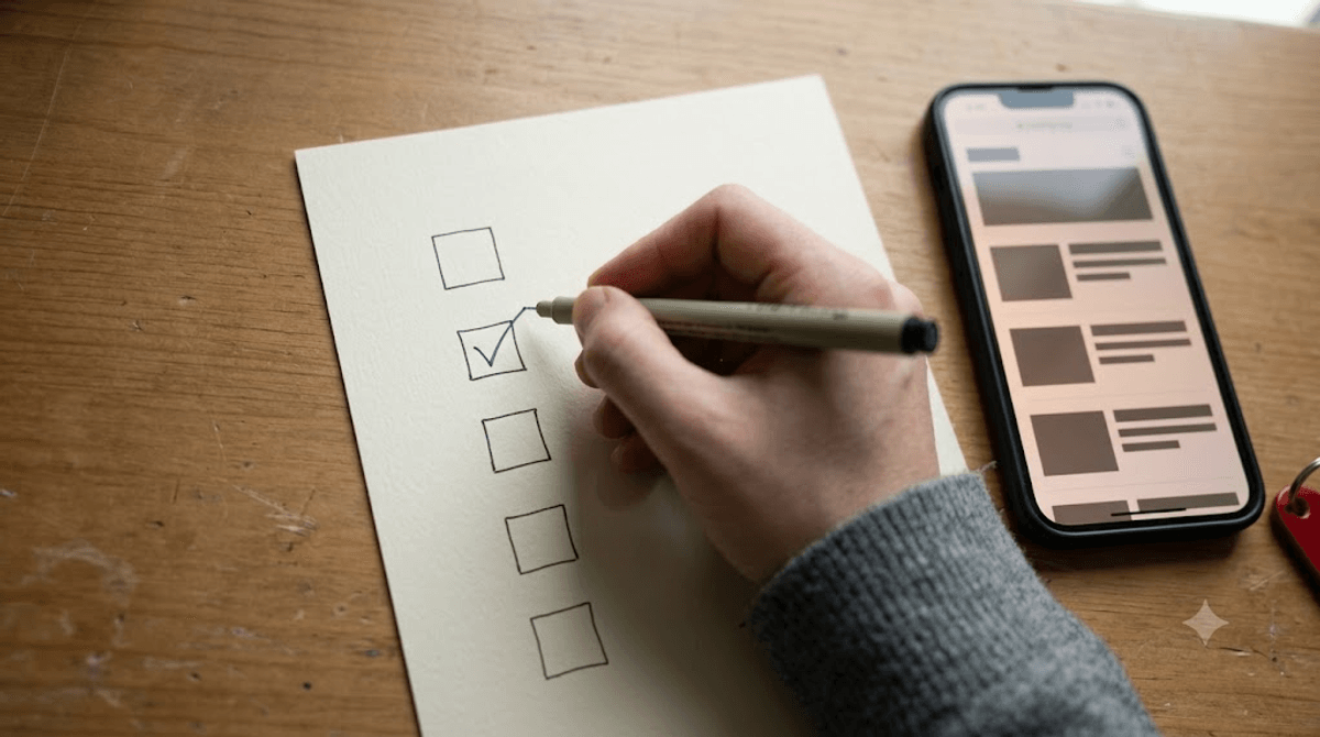 Checkliste mit grünem Häkchen zur strategischen Prüfung einer 10-Seiten-Website vor der Beauftragung