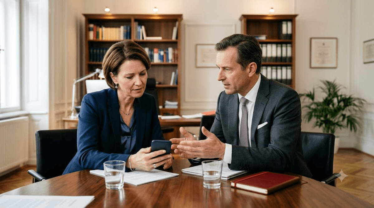 Skeptische Kundin betrachtet eine Website auf dem Smartphone in einem Wiener Beratungsbüro als Beispiel für den ersten Vertrauenseindruck