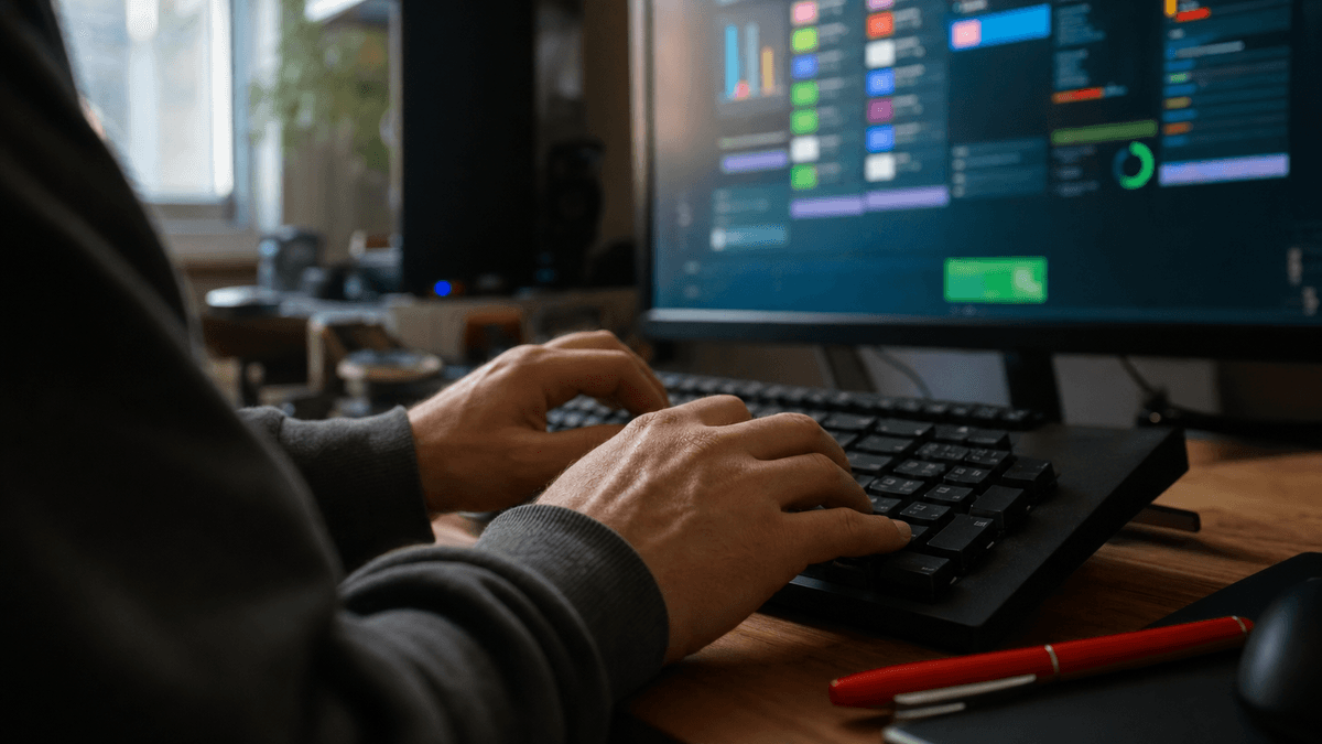 Close-up of a developer's hands at a keyboard with a screen showing colourful WordPress plugin dashboards and update notifications, slightly dim room lit by monitor glow, focused serious mood, realistic photo, no readable text