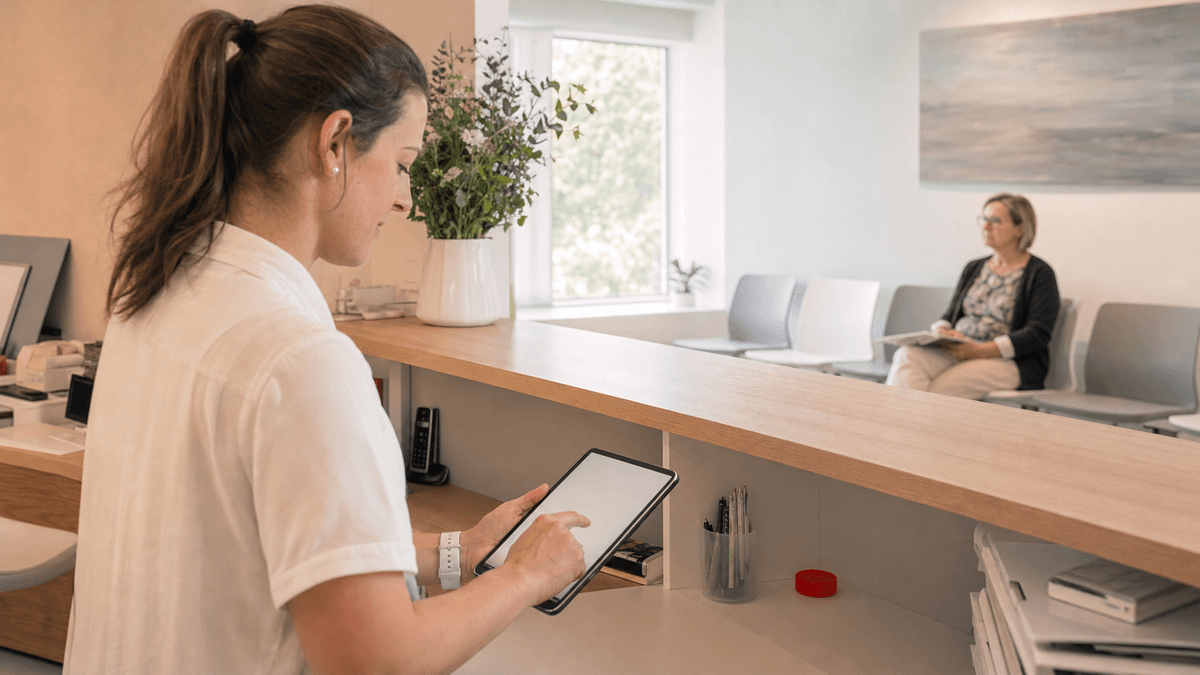 A medical receptionist at a clinic front desk using a tablet booking calendar while a patient waits in the bright modern waiting room, candid real-life Austrian office setting, soft daylight, no on-screen text