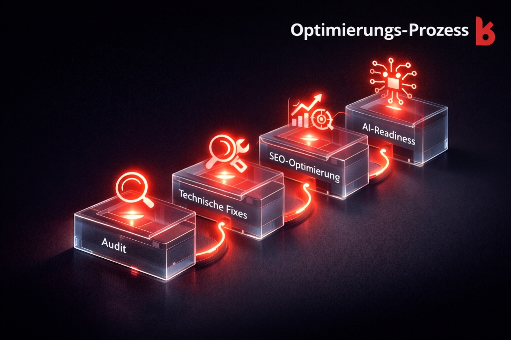 SEO Optimierung Prozess 3D Diagramm: Audit, Technical Fixes und AI-Readiness in Wien