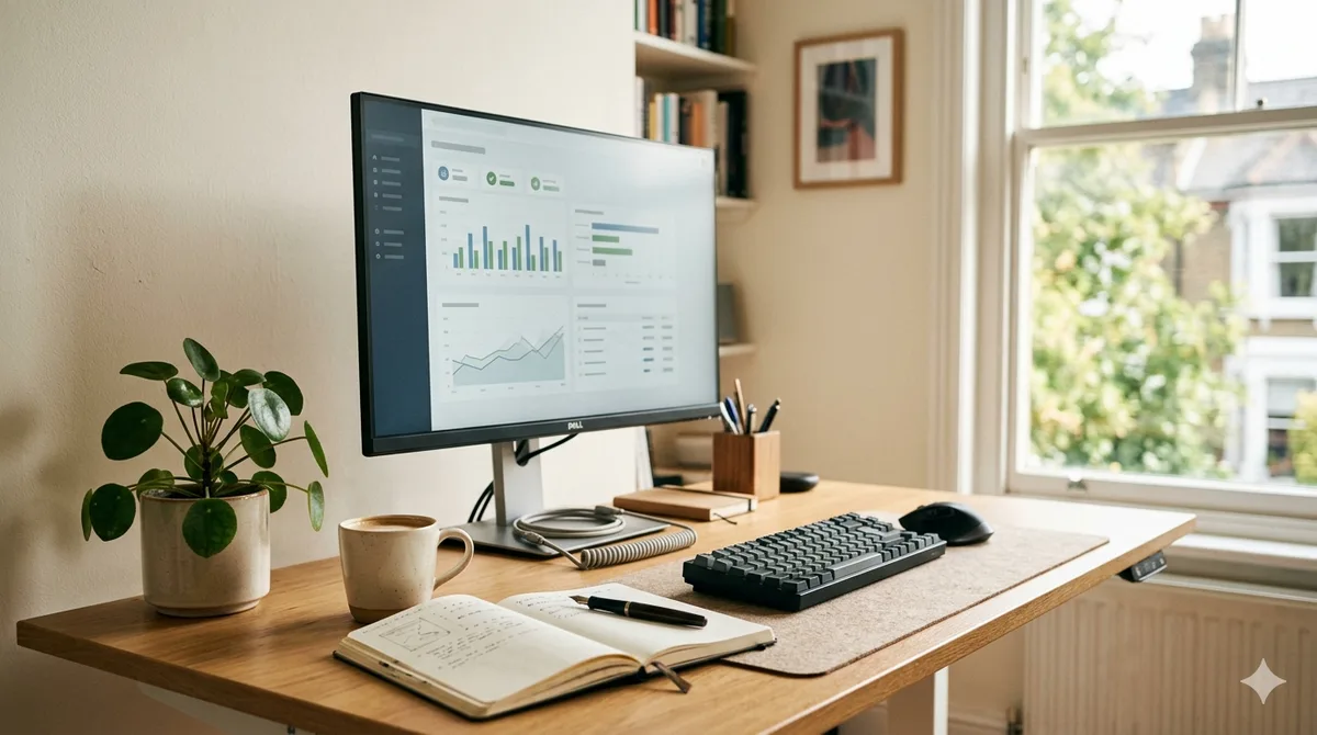 Aufgeräumter Schreibtisch mit Monitor, der ein Hosting-Dashboard zeigt: die laufenden Betriebskosten einer Website
