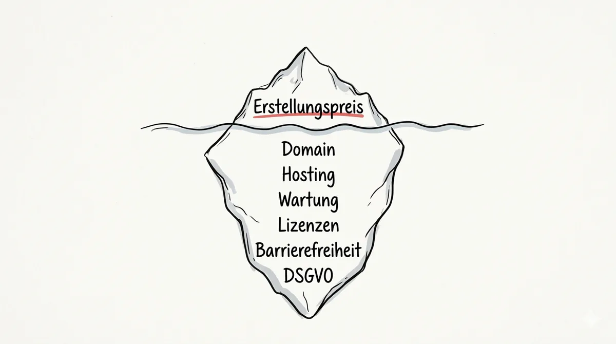 Eisberg-Grafik der versteckten Website-Kosten: über Wasser nur der Erstellungspreis, darunter Domain, Hosting, Wartung, Lizenzen, Barrierefreiheit und DSGVO