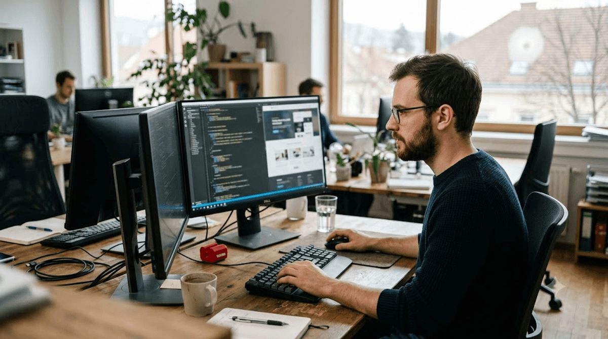 Webentwickler baut eine individuell entwickelte Firmenwebsite am Bildschirm