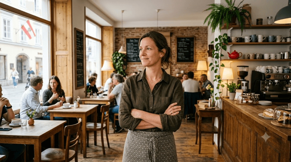 Cafe-Inhaberin steht in ihrem eigenen eingerichteten Lokal als Sinnbild fuer Eigentum statt Mietmodell bei der Firmenwebsite