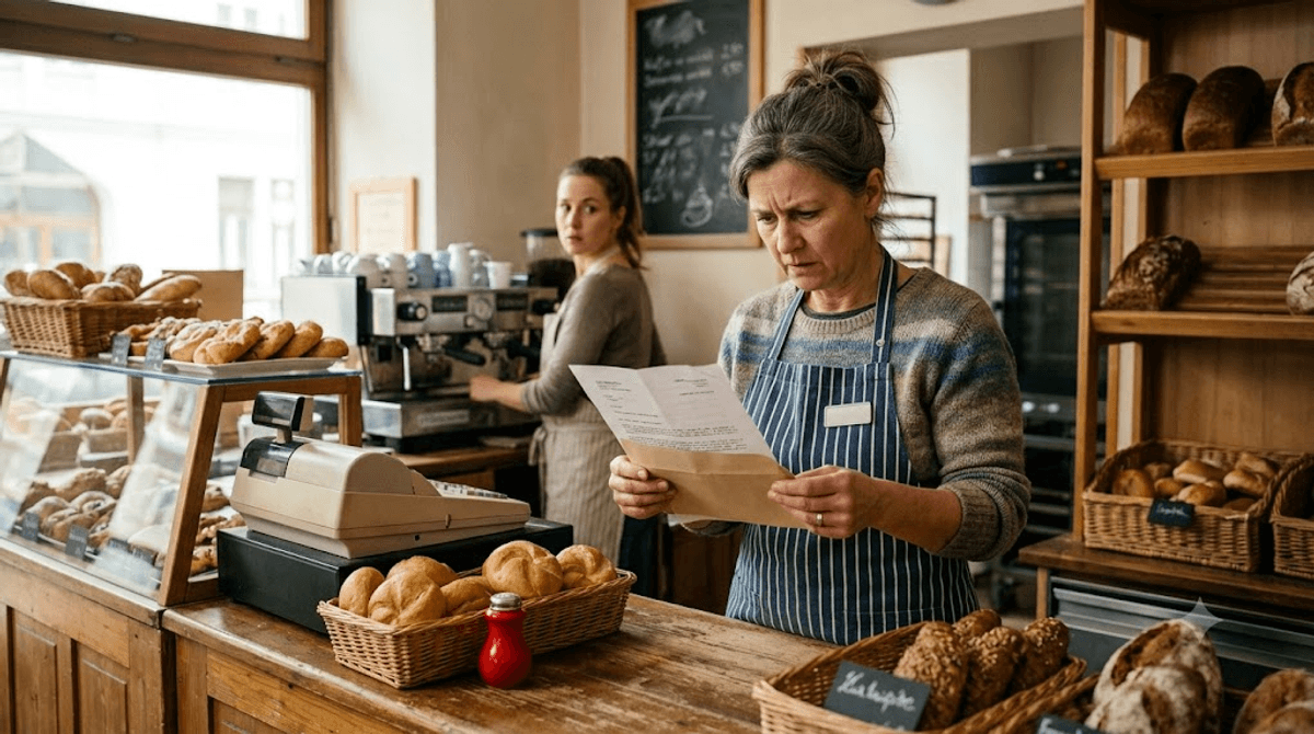 Bäckereibesitzerin liest hinter der Ladentheke eine Abmahnung wegen eines Rechtsverstoßes auf ihrer Website