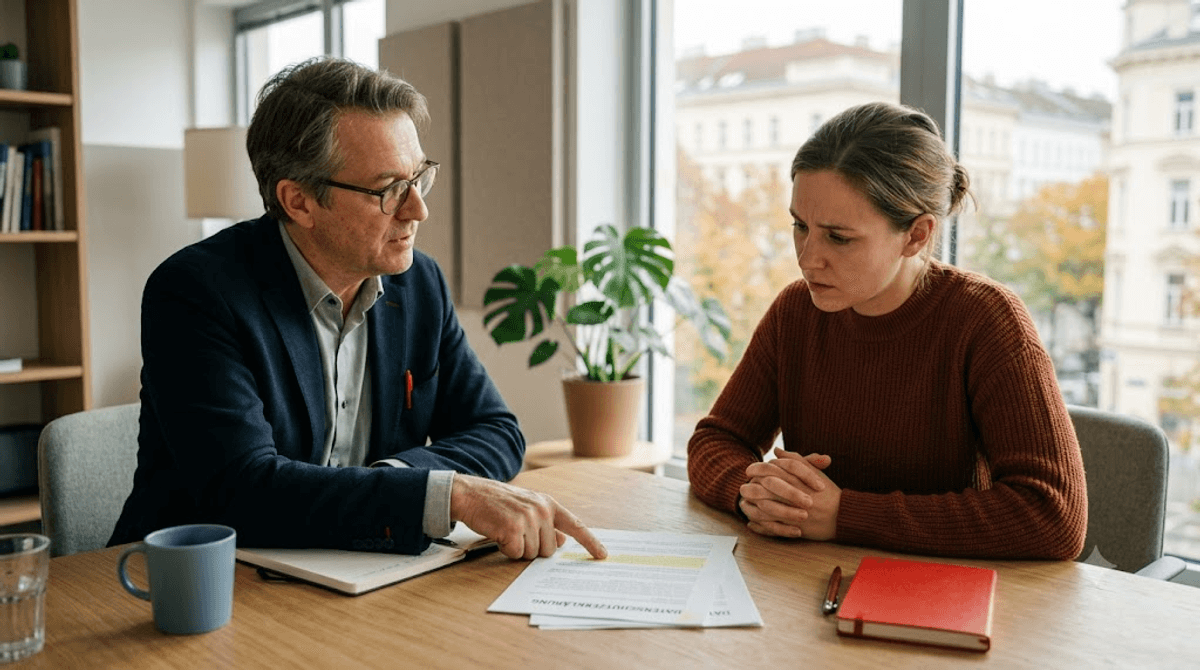 Datenschutzberater erklärt einer Unternehmerin die DSGVO-Pflichten und Haftungsrisiken ihrer Website im Beratungsgespräch
