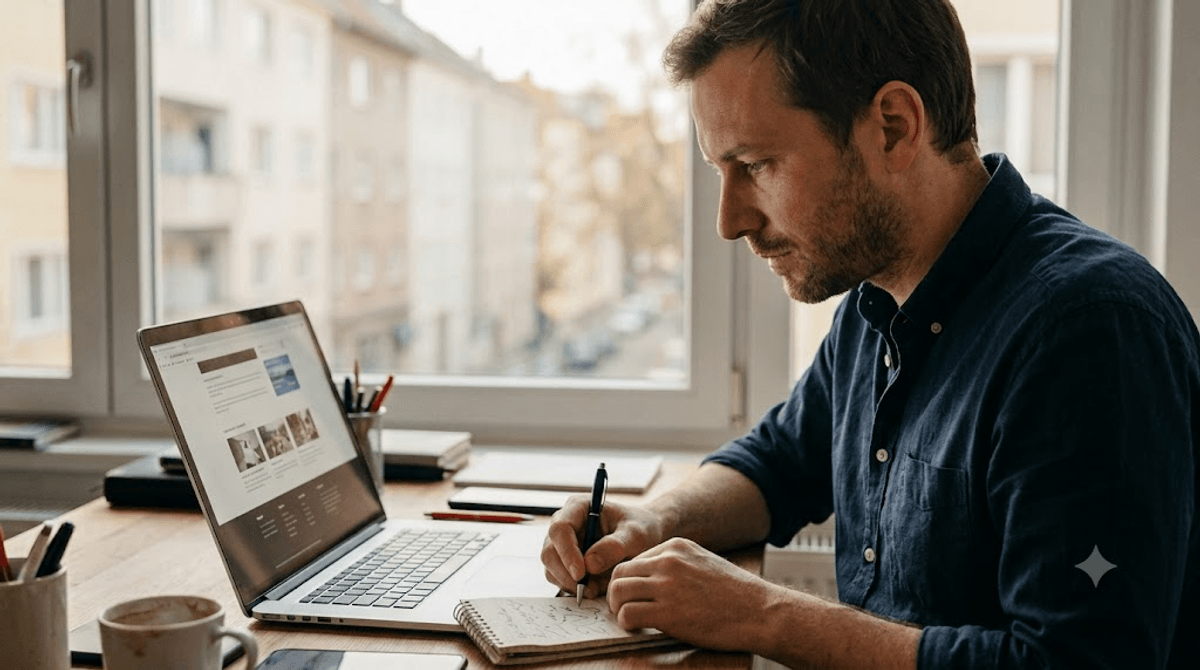 Unternehmer prüft am Laptop Schritt für Schritt Impressum und Datenschutzerklärung seiner Website auf rechtliche Fehler