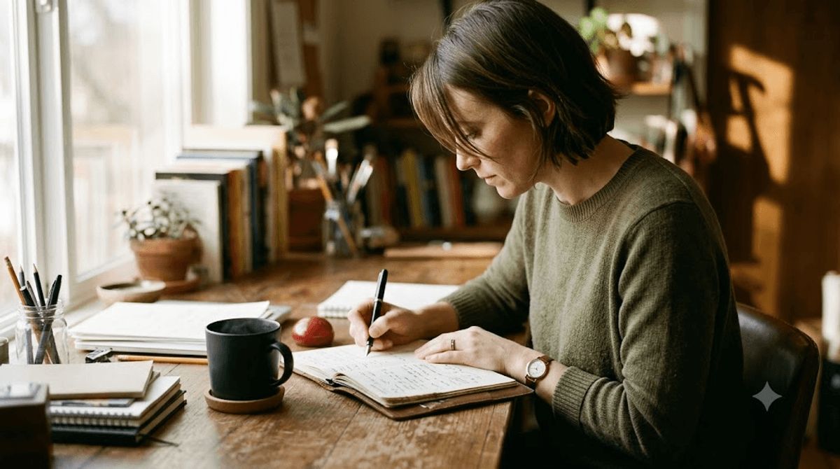 Ein spezialisierter Texter arbeitet konzentriert am Schreibtisch mit handschriftlichen Notizen — die professionelle Texterstellung als eigene Disziplin