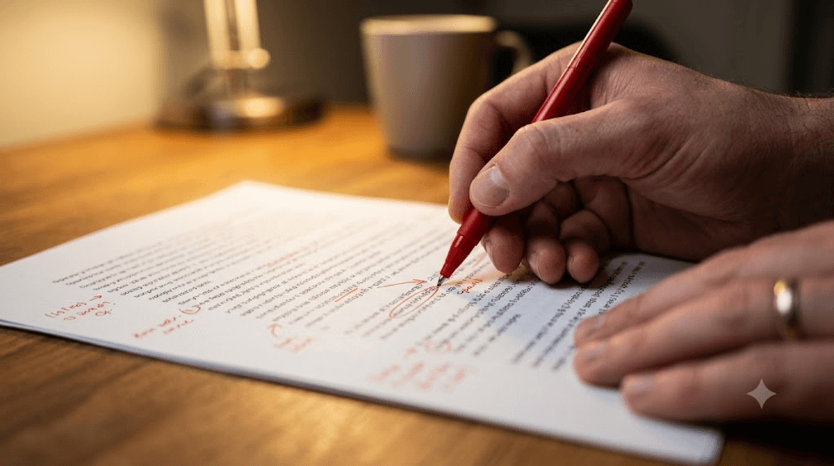 Hand korrigiert mit rotem Stift einen ausgedruckten Website-Text-Entwurf — KI-Texte brauchen menschliche Überarbeitung, damit Google sie wertschätzt