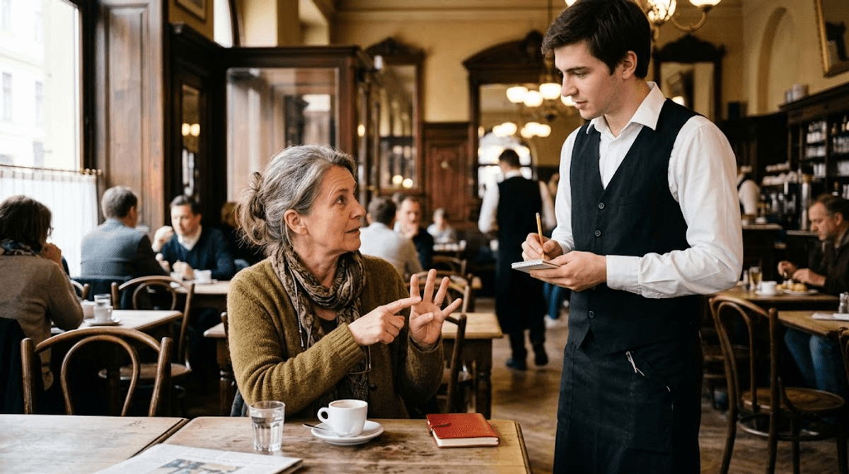 Kellner und Gast im Wiener Kaffeehaus stimmen eine Bestellung ab, wie Browser und Server per Accept-Encoding das Kompressionsverfahren aushandeln