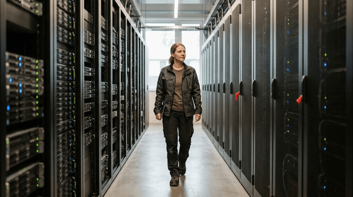 Technikerin geht durch einen Serverraum mit Rechenzentrums-Racks, wo CDNs wie Cloudflare die Kompression automatisch uebernehmen