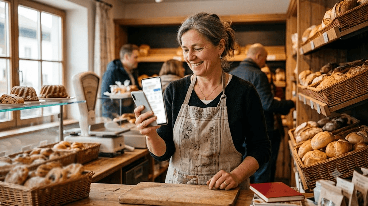 Bäckereibesitzerin kontrolliert die Öffnungszeiten in ihrem Google-Unternehmensprofil direkt hinter der Ladentheke
