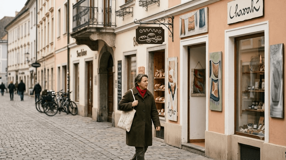 Eine Wiener Einkaufsstrasse mit mehreren Geschaeften nebeneinander, eine Passantin blickt im Vorbeigehen in die Auslagen - Sinnbild fuer den direkten Website-Vergleich mit vielen Mitbewerbern.
