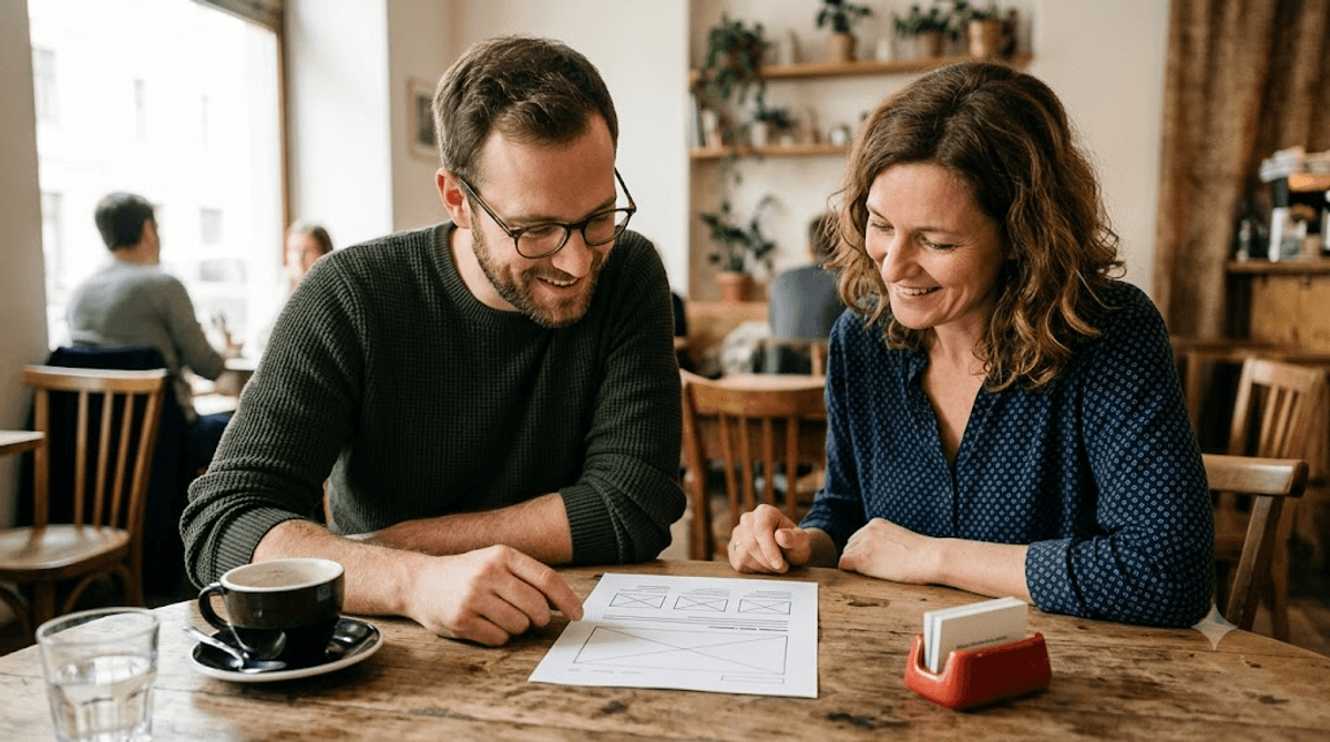 Ein Webdesigner und eine Unternehmerin betrachten gemeinsam ein aufgeraeumtes, klares Website-Layout auf Papier - klares Design statt vieler Effekte.